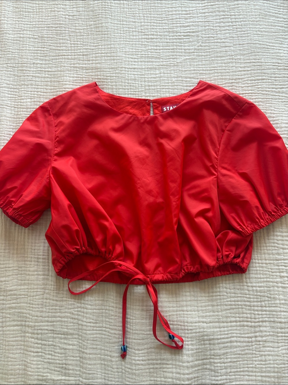 STAUD Red Drawstring Short-Sleeve Crop Blouse